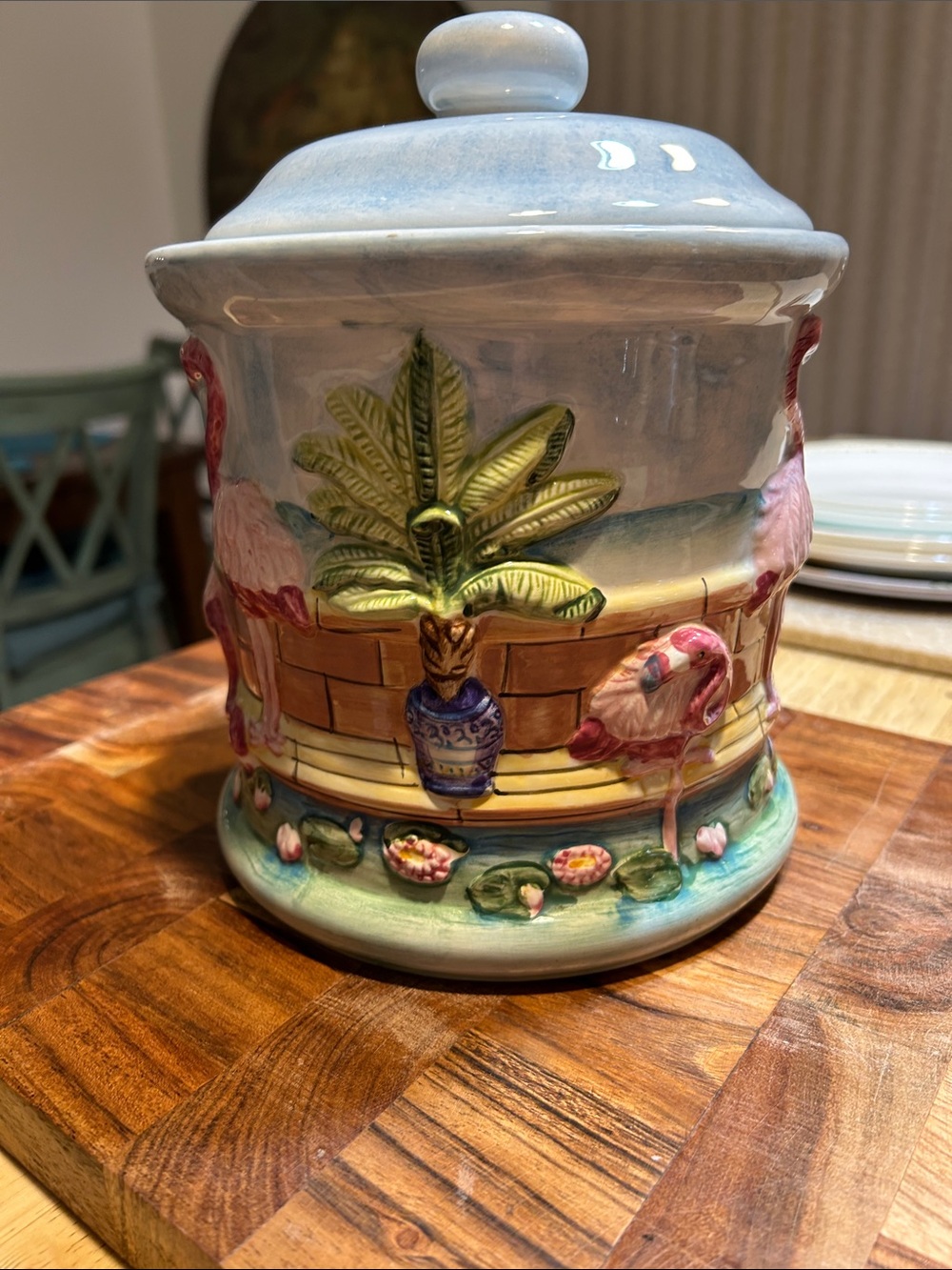 Ceramic Flamingo Canister or cookie jar- Hand-Painted Pink & Blue - Picture 5 of 12